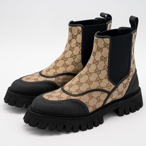 size 9G 9.5 US Gucci Boots Chelsea Beige Brown Black Canvas Ankle GG Monogram